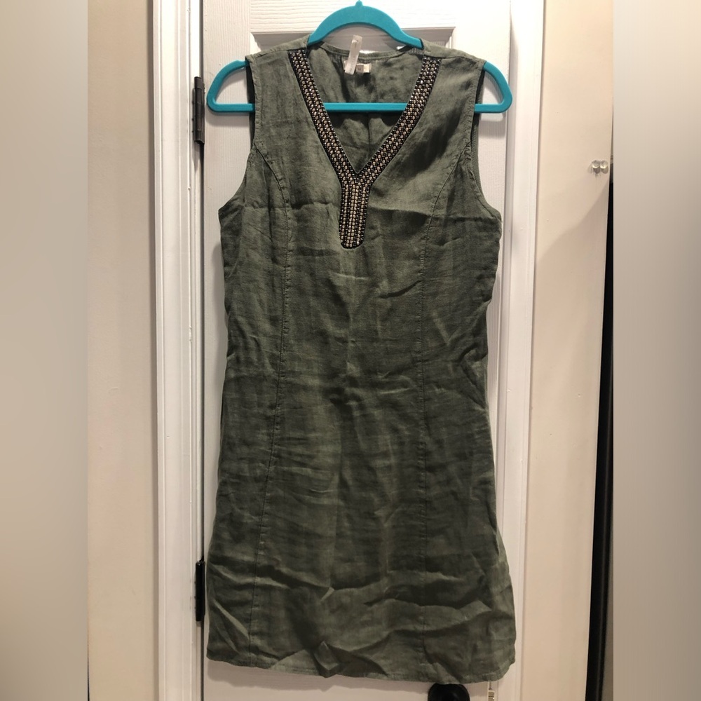 Lina Tomei Olive Linen Dress with V-Neck Embellished Detail